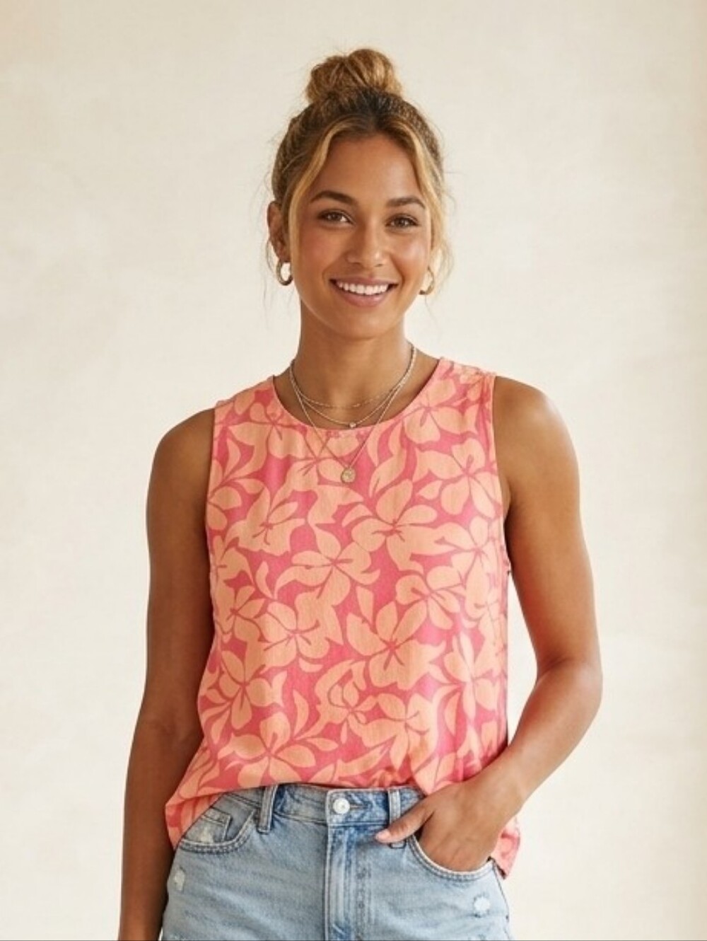 J.Crew Pink and Orange Plumeria Floral Print Sleeveless Shell Top Size XL